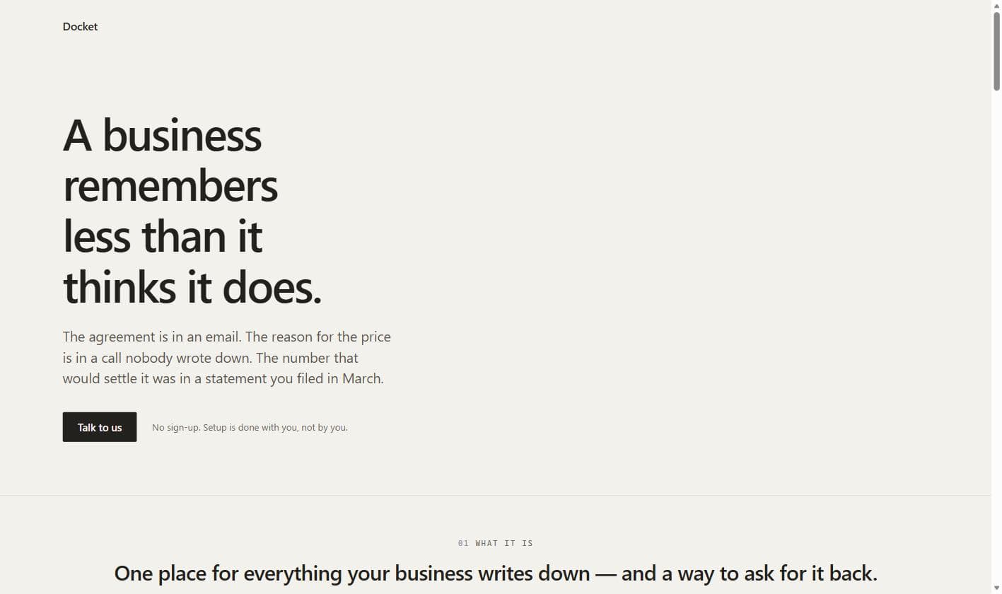 The Docket launch page: a large headline reading a business remembers less than it thinks it does, above a short paragraph and a single call to action.