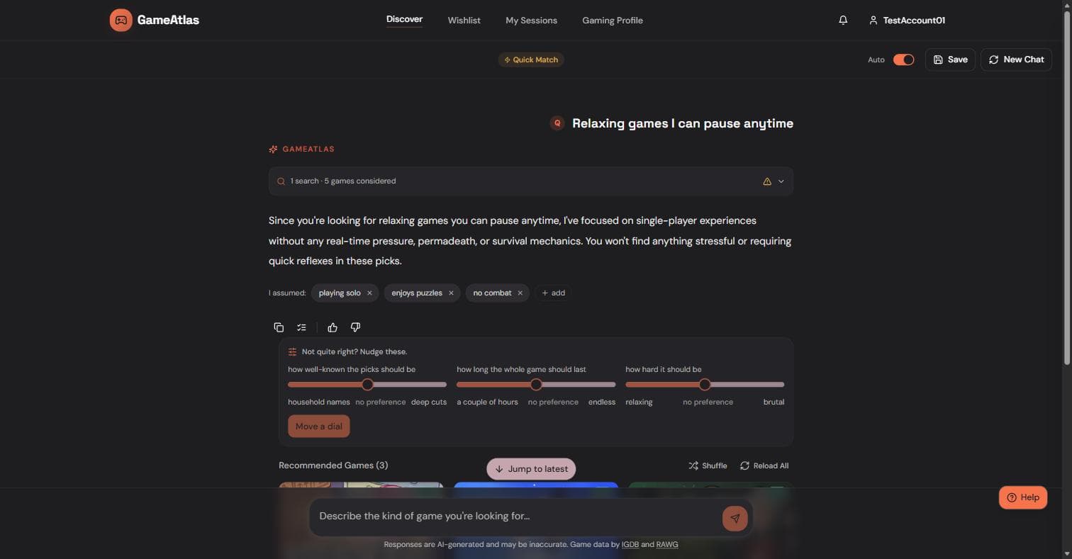 The GameAtlas advisor answering: a search count, the reasoning behind the picks, the assumptions it made, and three dials for adjusting them.