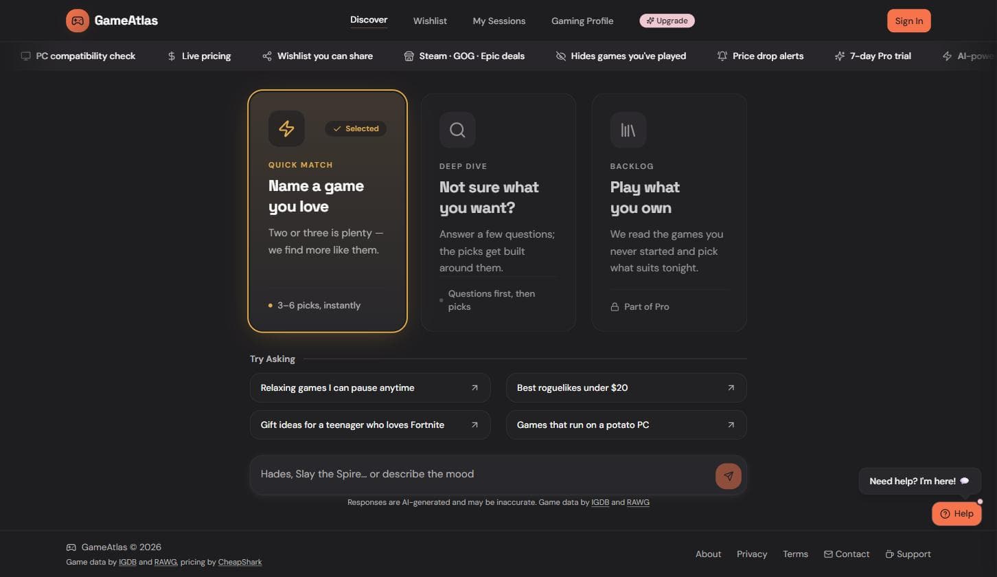 The GameAtlas home screen: quick match, deep dive and backlog modes, with example prompts such as relaxing games I can pause anytime.