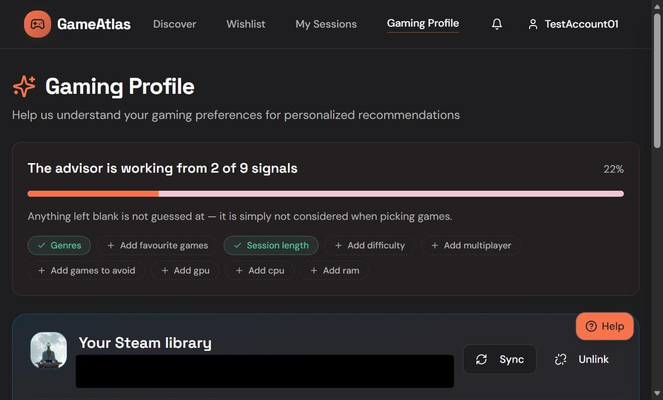 A profile completeness bar reading two of nine signals at 22 percent, chips for the signals still missing, and a connected Steam library below with its details redacted.